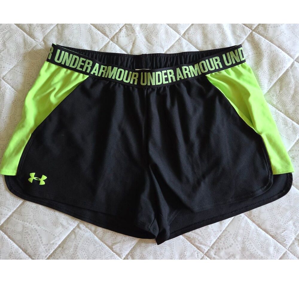 Under Armour HeatGear Athletic Shorts–Black & Neon Green – Women’s XL Loose Fit